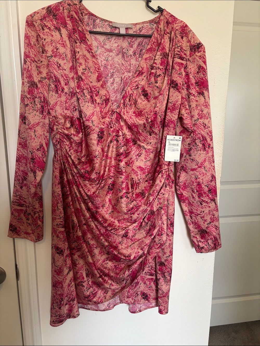 Nordstrom Pink and Cream Marble-Print Long Sleeve Draped V-Neck Dress